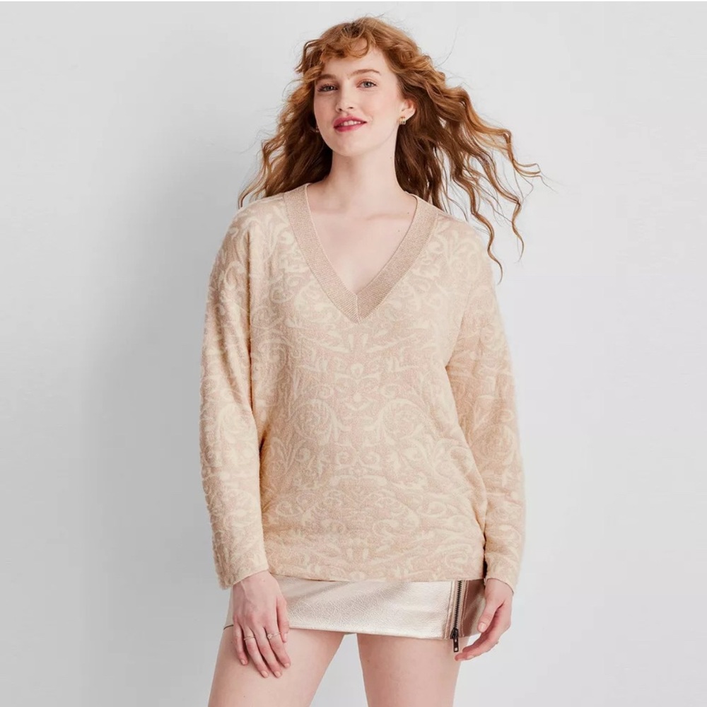 NWT Future Collective Brocade Shimmer V-Neck Sweater